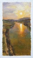 Colorful oil painting of a sunset at the confluence of the Colorado and Dirty Devil Rivers in Utah, United States Baffling Silence Painting Seamus Berkeley