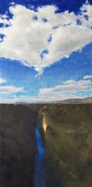 Oil painting of view of Taos, New Mexico and surrounding landscape and sky as seen from the gorge bridge.