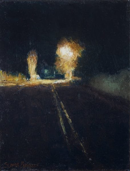 Oil painting of a night scene along a street in Taos, New Mexico.