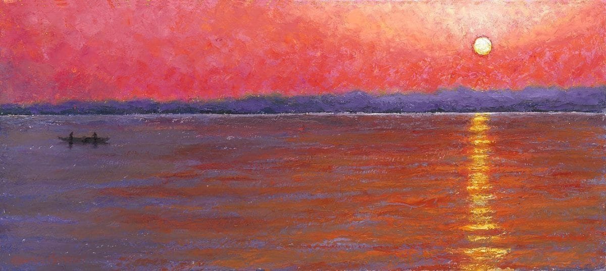 Oil painting of the sun across the river in Varanasi, Uttar Pradesh, India