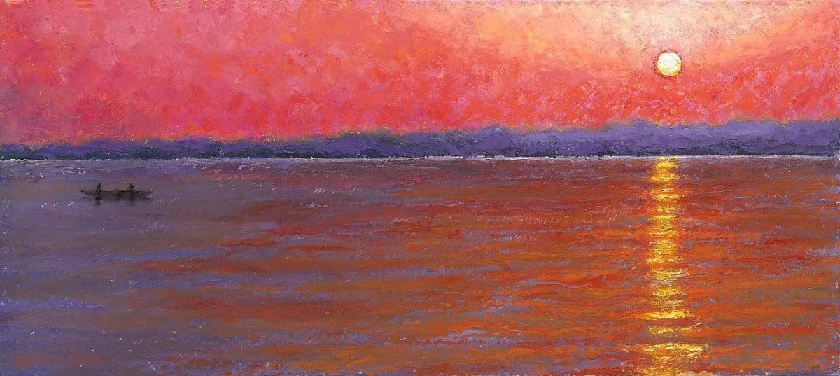 Oil painting of the sun across the river in Varanasi, Uttar Pradesh, India