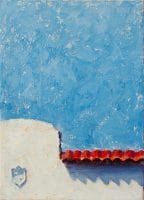 An oil painting of a Spanish colonial style white building with red tile roof juxtaposed below a bright blue sky.