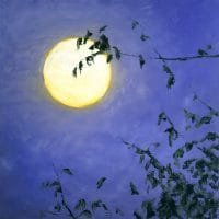 Museum quality giclée of an oIl painting of a bright yellow and white full moon behind leaves and branches set in a violet evening sky.