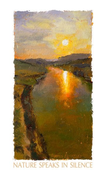 On trip through the southwest United States, stopped at a bridge in a remote area of Utah. The silence was profound; it seemed as if the rocks surrounding the area were absorbing all the sound. Then there was the sun hovering above the confluence of the Colorado and Dirty Devil Rivers, just above the horizon to the west only a few minutes before sunset. Memorable moment of nature in it's awesome display of beauty and inspiration for this painting! Baffling Silence, Original oil on canvas, 12" x 7" Framed prints and canvases, digital download, commercial and advertising licensing of photographs by Seamus Berkeley.