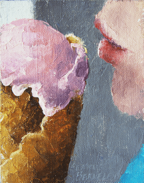 Sweet and luscious strawberry ice cream in cone with the added touch of red lips moving in for a kiss! Cone Kiss, Original oil on canvas, 5" x 4" Framed prints and canvases, digital download, commercial and advertising licensing of photographs by Seamus Berkeley.