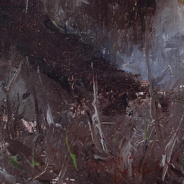 Detail of a landscape oil painting of a stone bridge over a river with autumn-colored grasses in the foreground displayed on a wall.