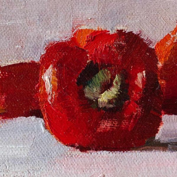 Detail of a oil painting of red peppers, a green copper vase juxtaposed with an orange fabric all arranged on a grey background.