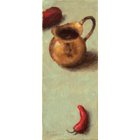Oil painting of a copper pitcher juxtaposed with two red peppers on a yellow green background.