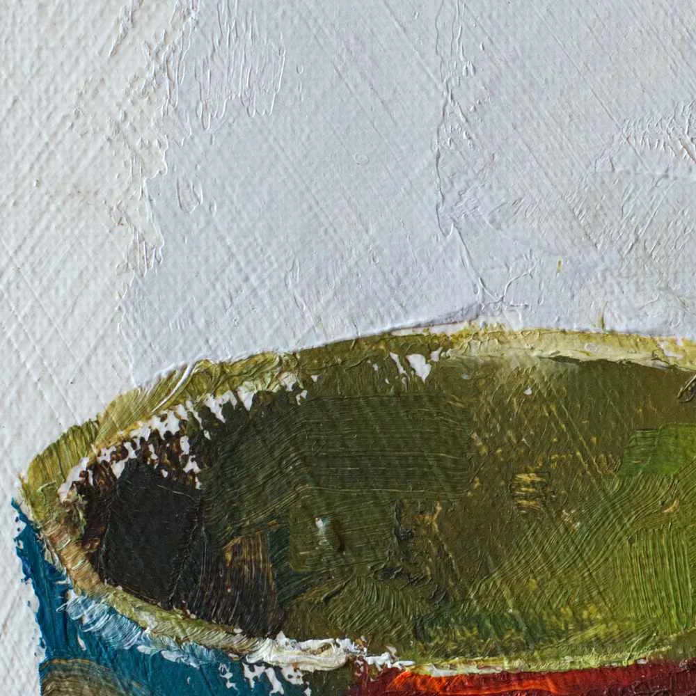 Detail of an oil painting of a colorful mug set on a light grey background.
