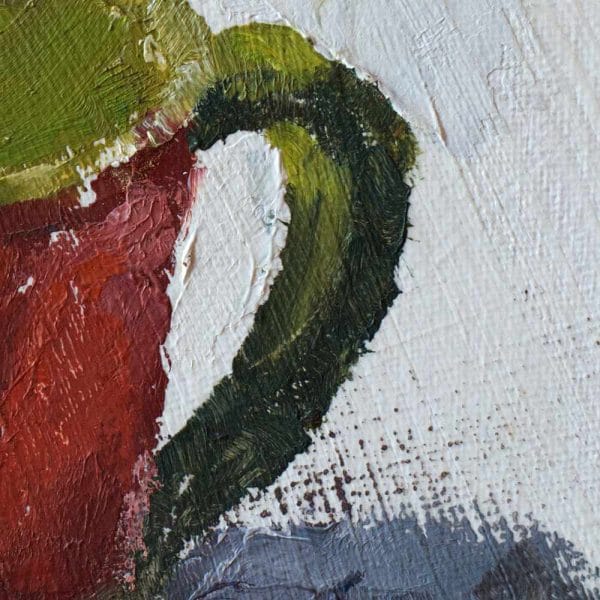 Detail of an oil painting of a colorful mug set on a light grey background.