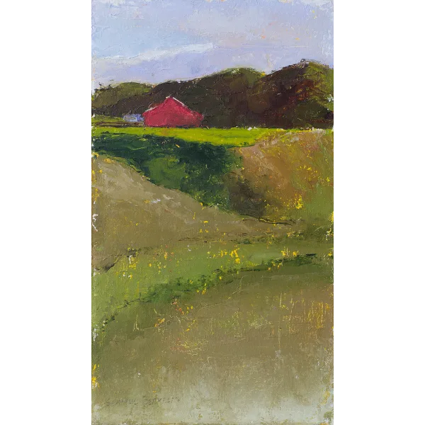 Oil painting of a red barn set in a green hilly landscape.