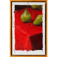 Oil painting of three green pears arranged on a bright red table cloth.