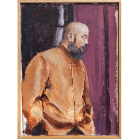 Oil painting of a man in a traditional brown Chinese jacket looking intently toward something outside of the composition.
