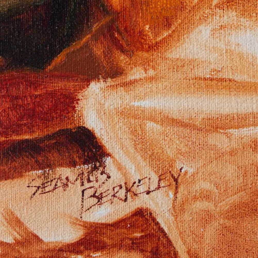 Detail of a oil painting of a black cauldron set in a background of orange and green fabric.
