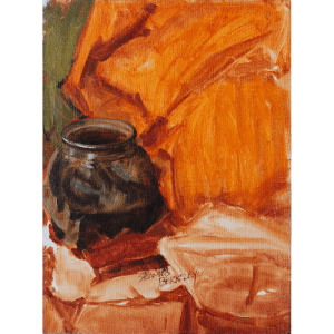 Oil painting of a black cauldron set in a background of orange and green fabric.