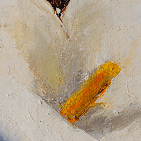 Detail of a oil painting of a white calla lily with yellow pistol tightly framed in warm dark brown background.