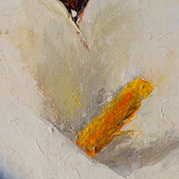 Detail of a oil painting of a white calla lily with yellow pistol tightly framed in warm dark brown background.