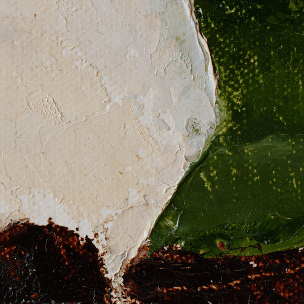 Detail of a oil painting of a white calla lily with yellow pistol tightly framed in warm dark brown background.