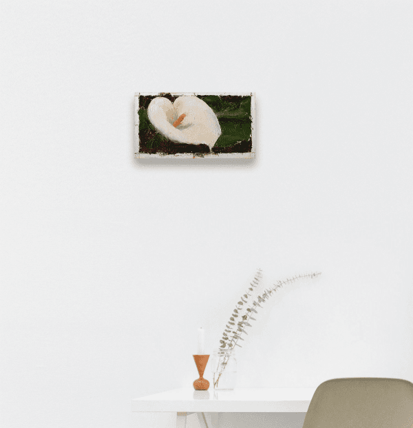 Oil painting of a white calla lily with yellow pistol tightly framed in warm dark brown background displayed on a wall.
