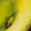 Detail of an oil painting of a yellow calla lily, placed against a warm green and dark violet background.