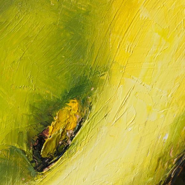 Detail of an oil painting of a yellow calla lily, placed against a warm green and dark violet background.