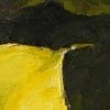 Detail of an oil painting of a yellow calla lily, placed against a warm green and dark violet background.