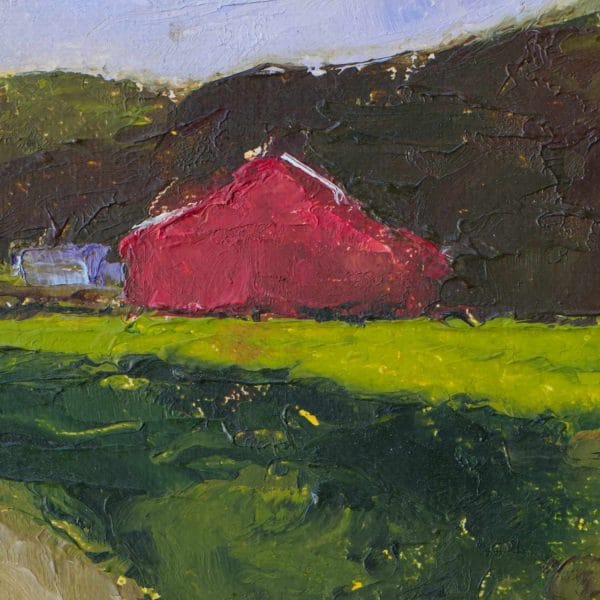Detail of an oil painting of a red barn set in a green hilly landscape.