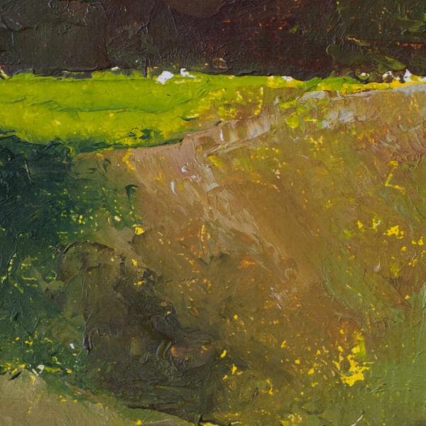 Detail of an oil painting of a red barn set in a green hilly landscape.