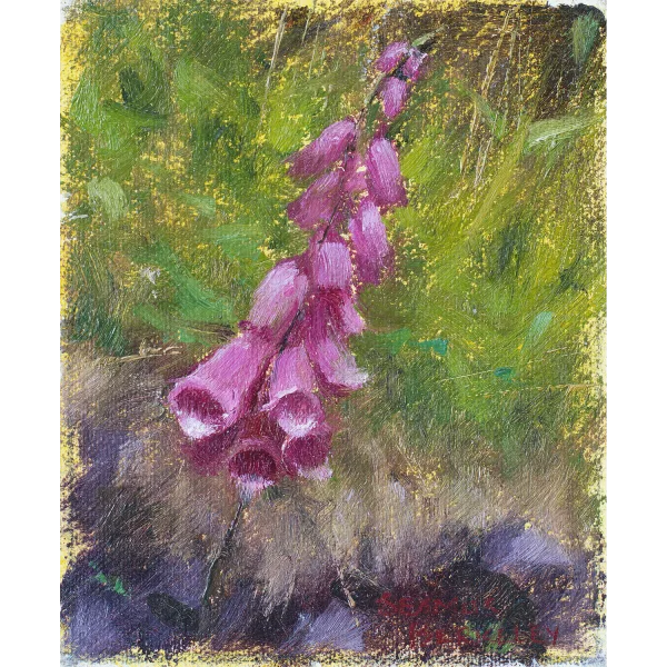 An oil painting of Foxglove, a violet colored flower, placed against a warm green background.