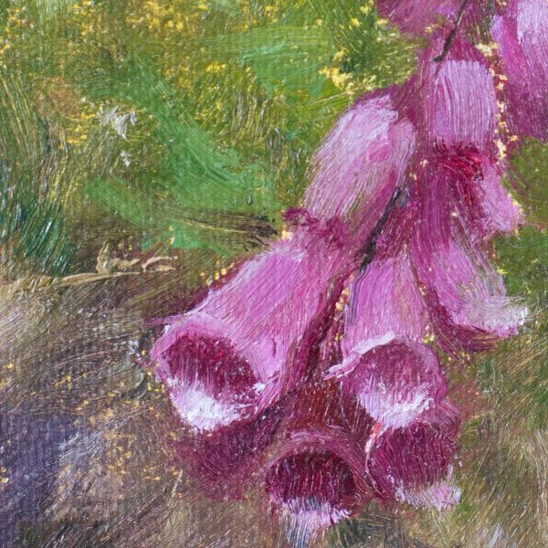 Detail of an oil painting of Foxglove, a violet colored flower, placed against a warm green background.