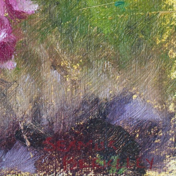 Detail of an oil painting of Foxglove, a violet colored flower, placed against a warm green background.