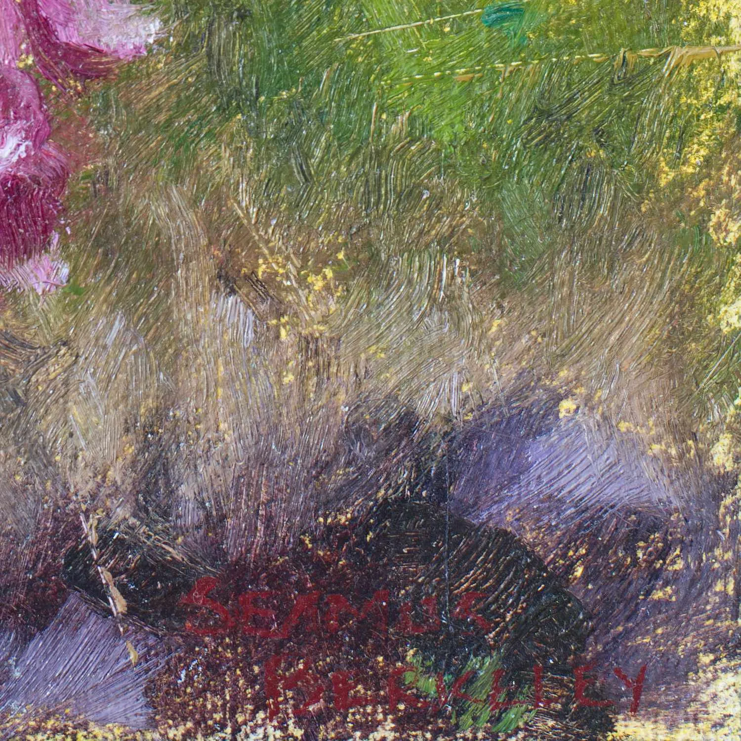 Detail of an oil painting of Foxglove, a violet colored flower, placed against a warm green background.