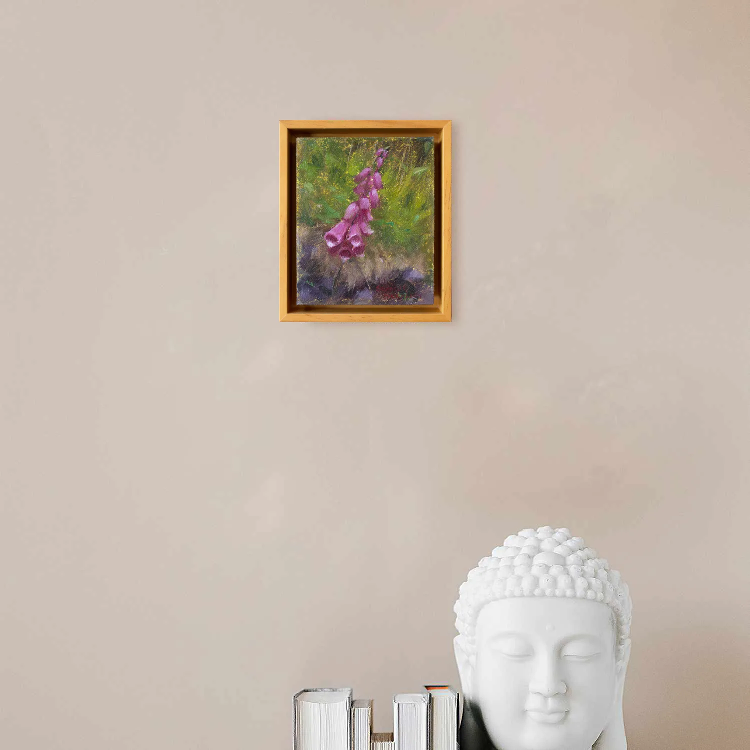 An oil painting of Foxglove, a violet colored flower, placed against a warm green background as displayed on an interior wall.