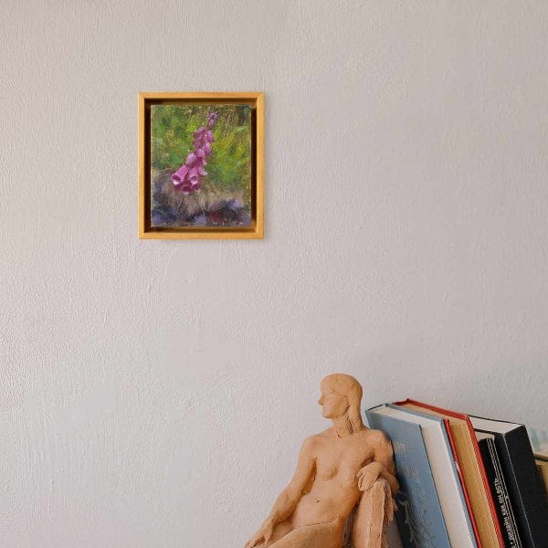 An oil painting of Foxglove, a violet colored flower, placed against a warm green background as displayed on an interior wall.