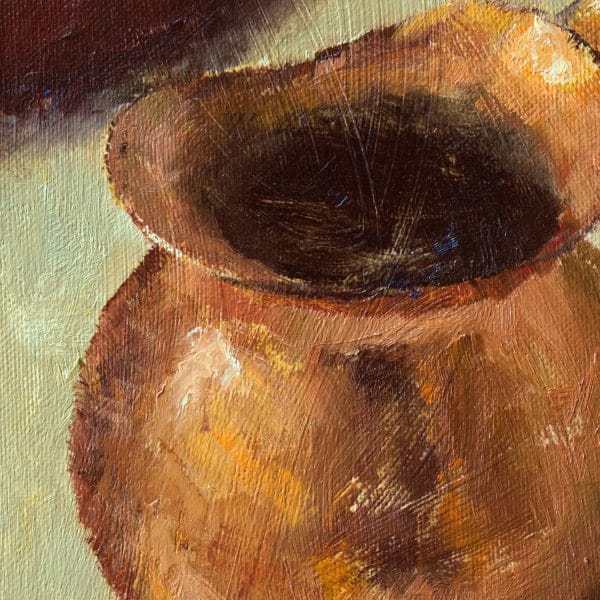 Detail view of an oil painting of a copper pitcher and two red peppers set on a yellow green background.