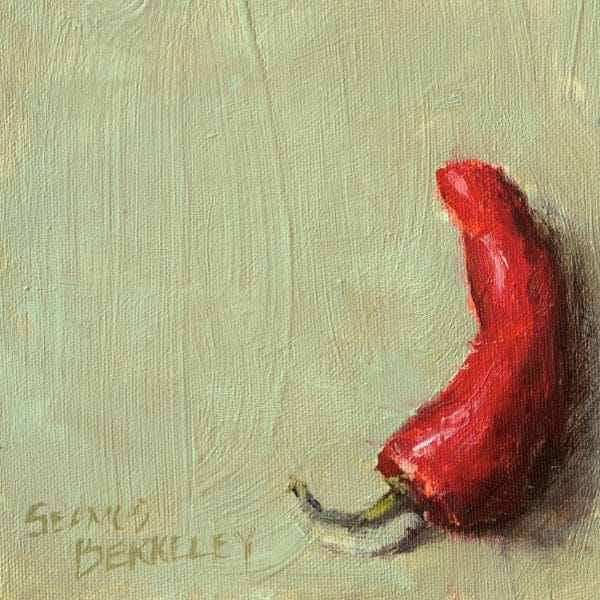 Detail view of an oil painting of a copper pitcher and two red peppers set on a yellow green background.