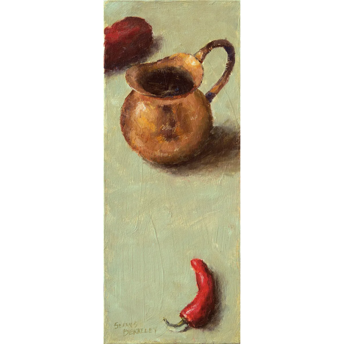 Oil painting of a copper pitcher and two red peppers set on a yellow green background.