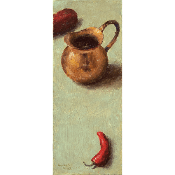 Oil painting of a copper pitcher and two red peppers set on a yellow green background.
