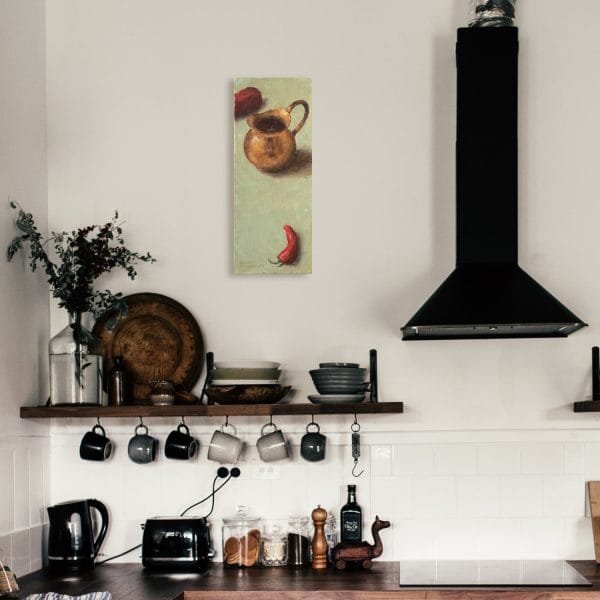 Oil painting of a copper pitcher and two red peppers set on a yellow green background in a room setting.