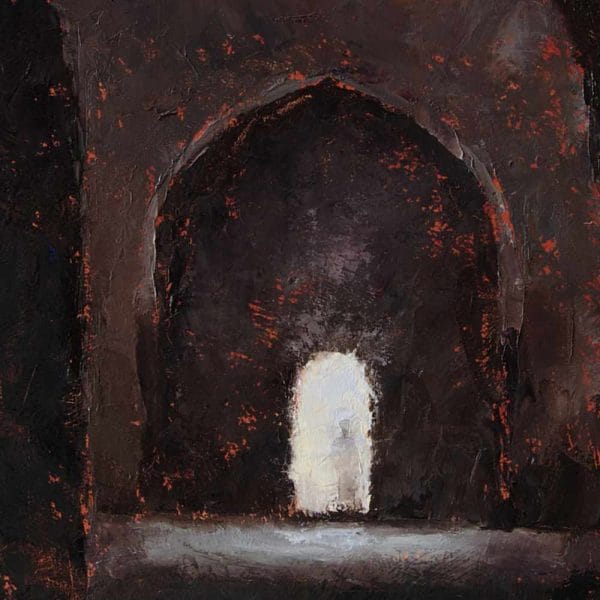 Detail of an oil painting of a open archway looking into the interior and distance archway at the Rock of Cashel, Ireland.