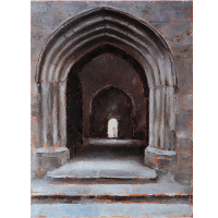 Oil painting of a open archway looking into the interior and distance archway at the Rock of Cashel, Ireland.