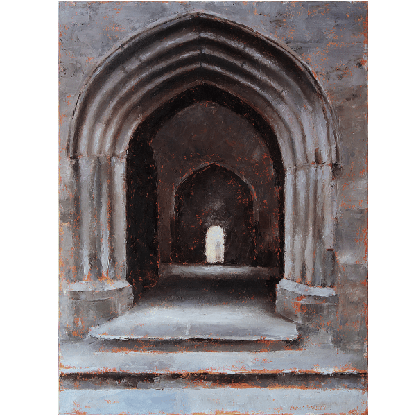 Oil painting of a open archway looking into the interior and distance archway at the Rock of Cashel, Ireland.