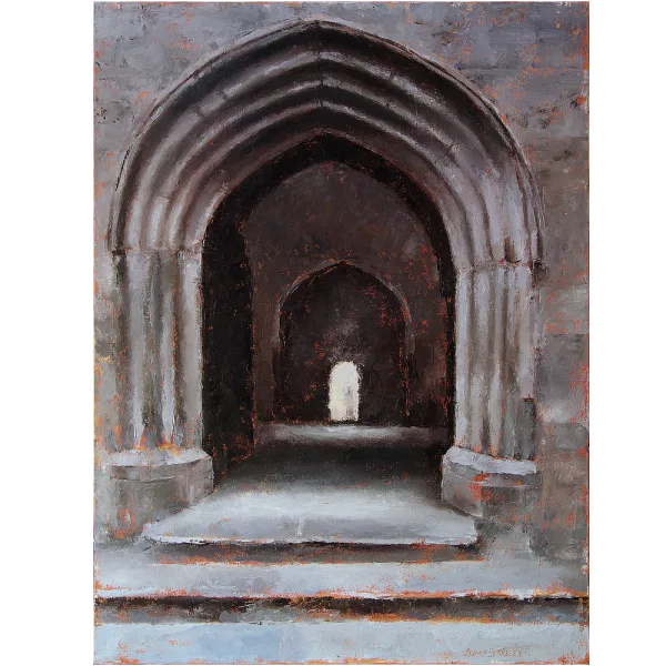 Oil painting of a open archway looking into the interior and distance archway at the Rock of Cashel, Ireland.