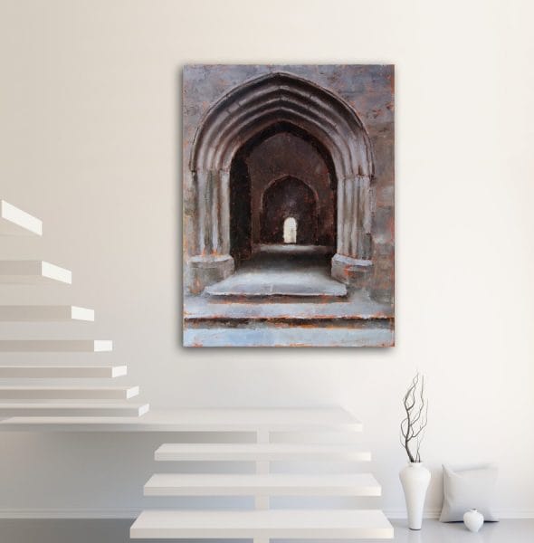 Oil painting of a open archway looking into the interior and distance archway at the Rock of Cashel, Ireland displayed on a wall.