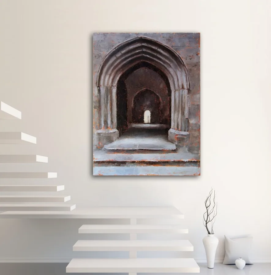 Oil painting of a open archway looking into the interior and distance archway at the Rock of Cashel, Ireland displayed on a wall.