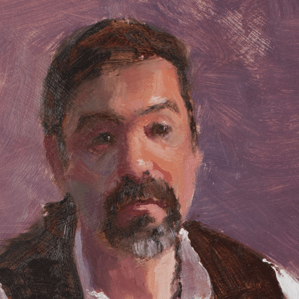 Detail of a oil painting of a man in an open vest surrounded by a violet background.