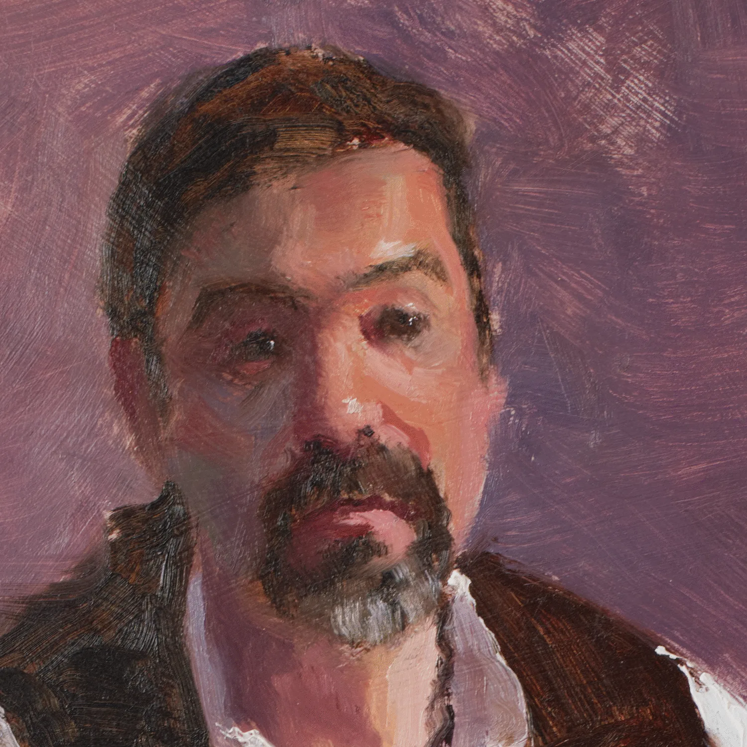 Detail of a oil painting of a man in an open vest surrounded by a violet background.