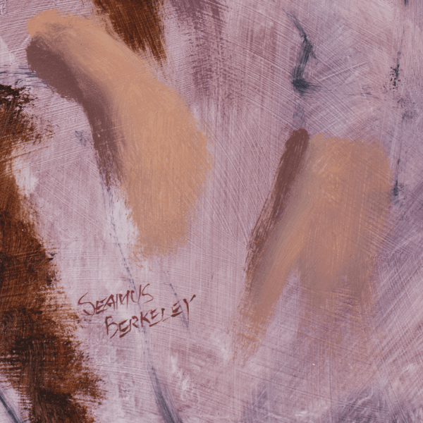 Detail of a oil painting of a man in an open vest surrounded by a violet background.