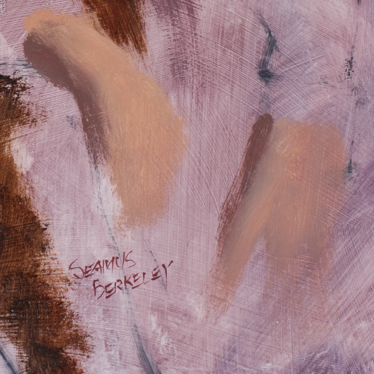 Detail of a oil painting of a man in an open vest surrounded by a violet background.