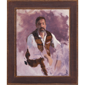 Oil painting of a man in an open vest surrounded by a violet background.